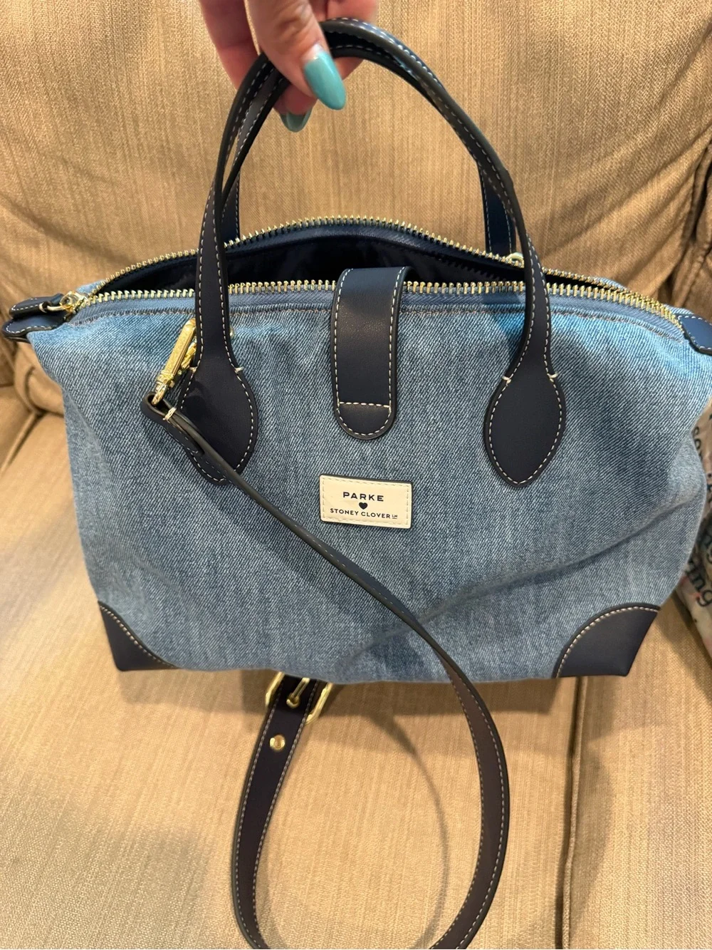 RARE Stoney Clover Lane x Parke Blue Denim Bag with Navy Vegan Leather Trim